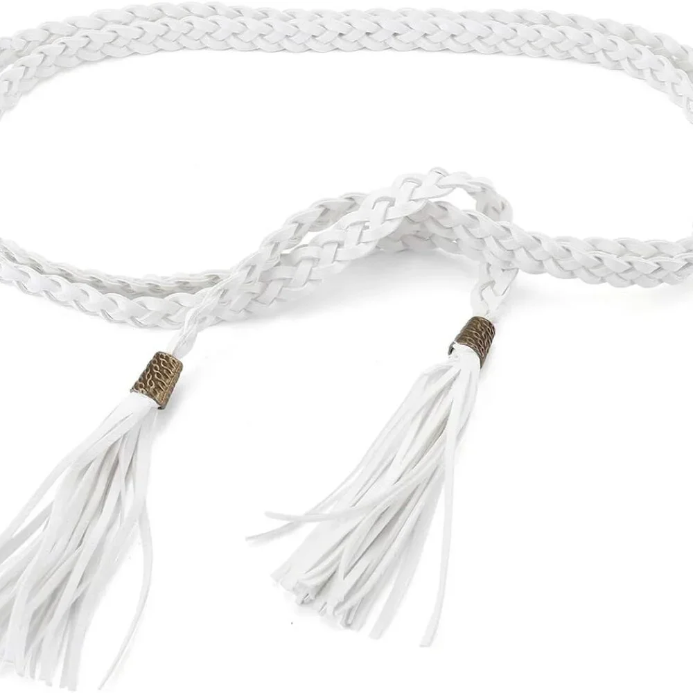 Women Tassel Braided Waist Belt Skinny Woven Belt for Dress - Picture 2 of 7